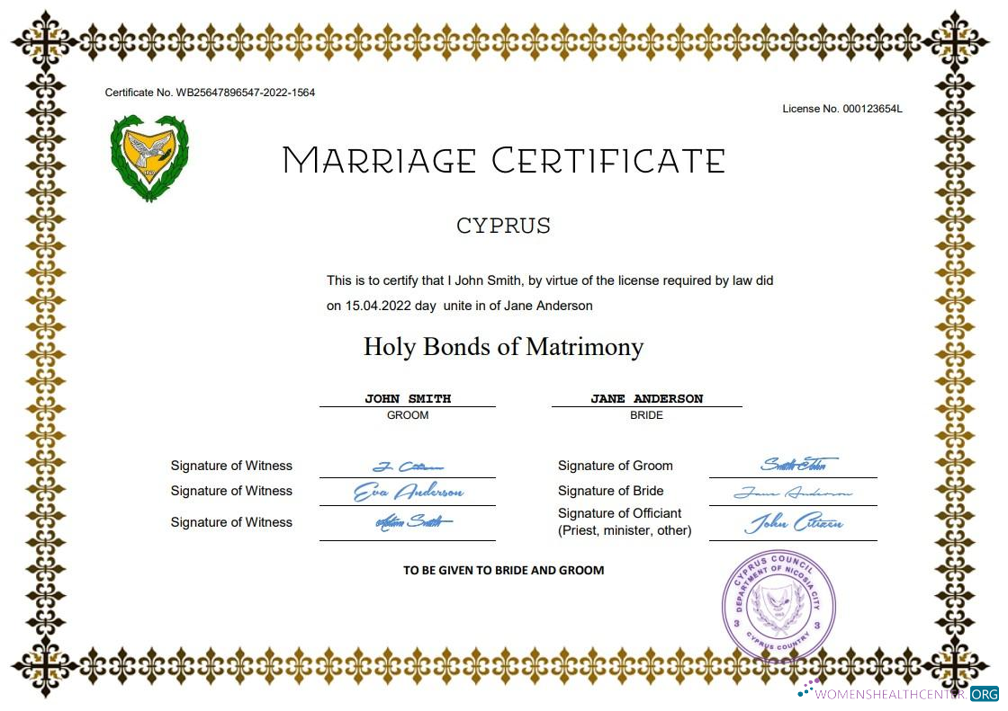 Download Cyprus marriage certificate Word and PDF template Photoshop template